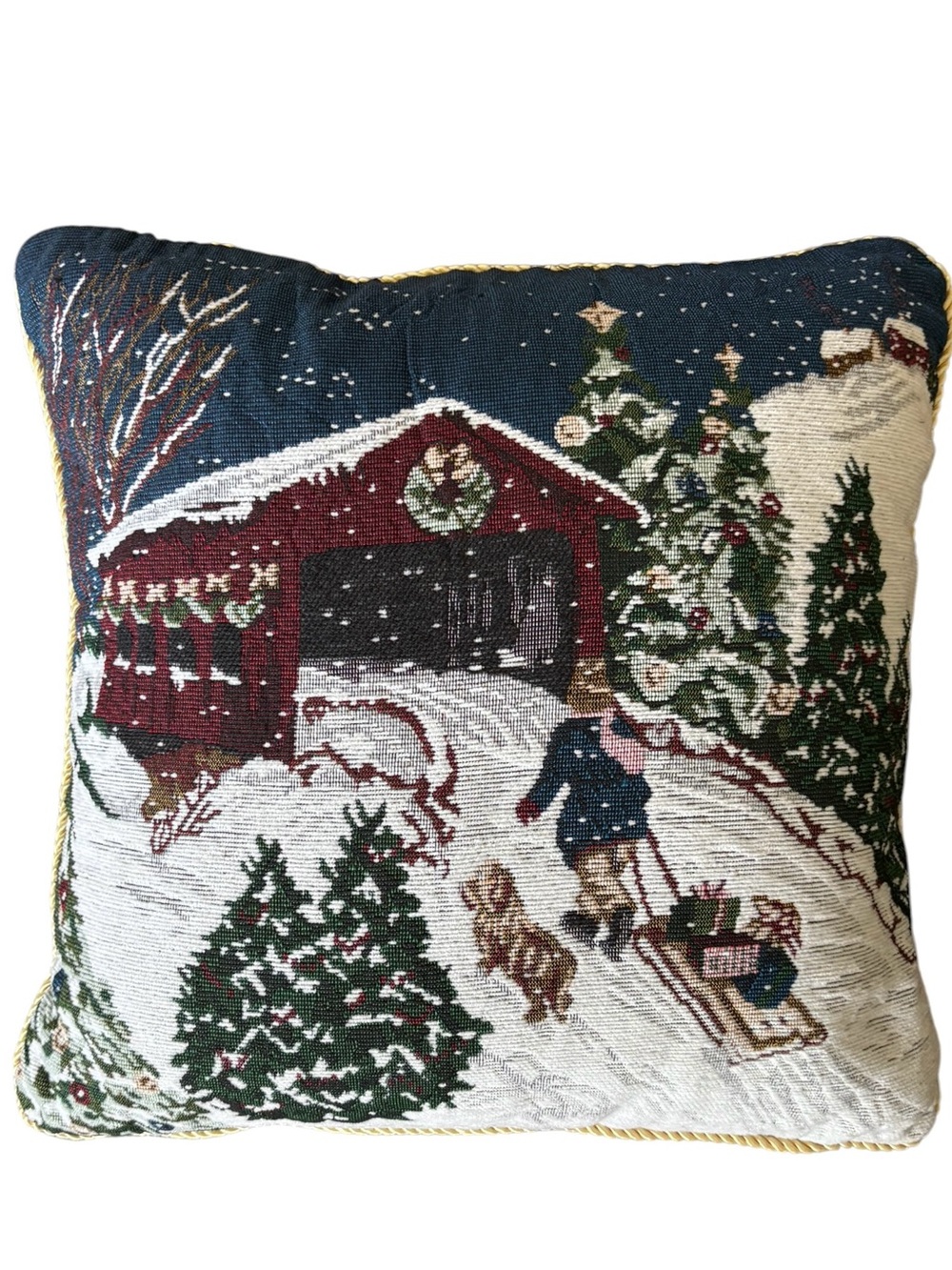 VTG Christmas Winter Tapestry 16X16” Pillow Snowy Bridge Dog & Sled 2 Sided Trim